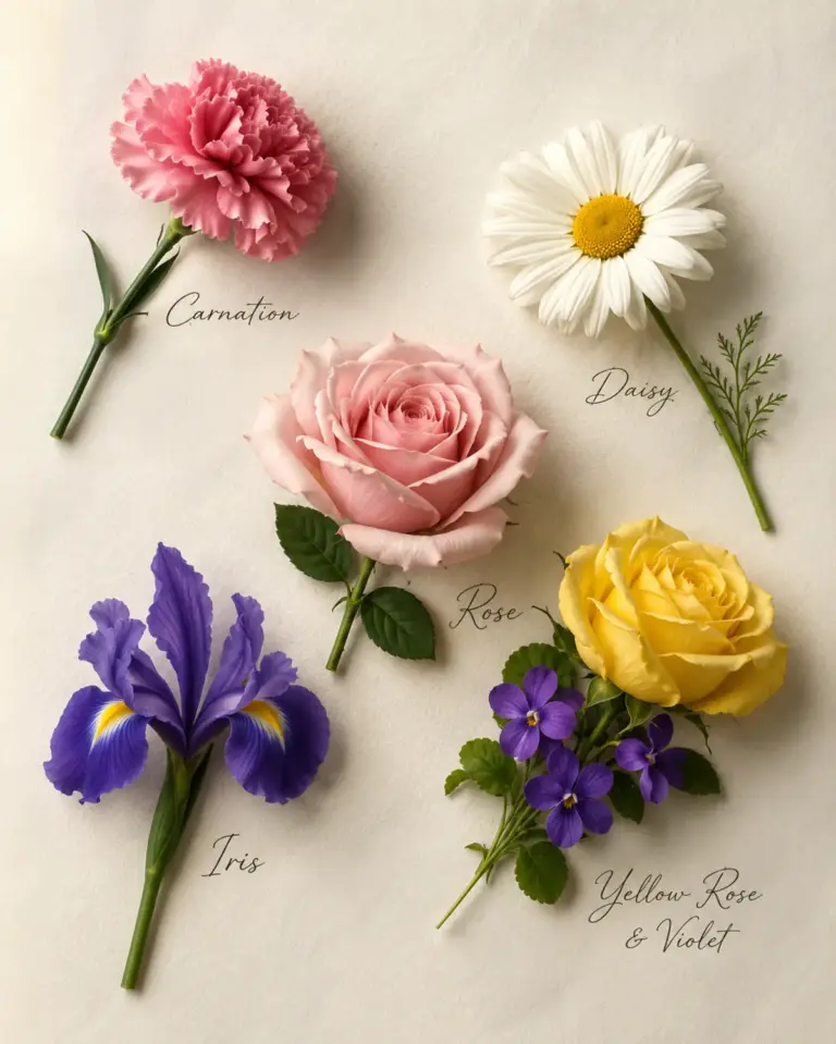 Carnation, daisy, rose, yellow rose, violet, and iris arranged for an anniversary flower guide