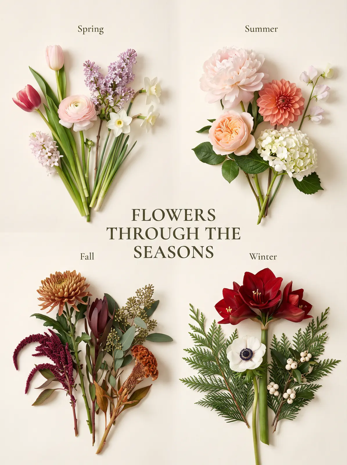 Spring, summer, fall, and winter flower groupings arranged for a Boston seasonal flower guide