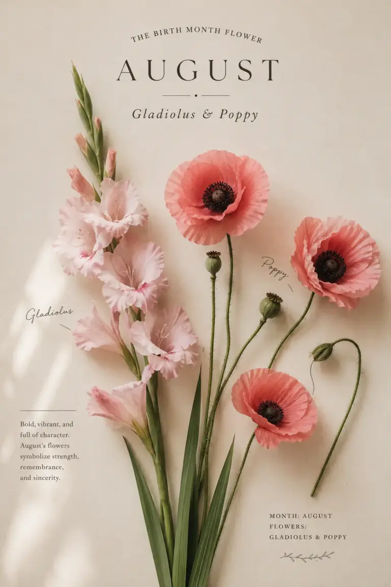 Gladiolus and poppy arranged as August birth-month flowers