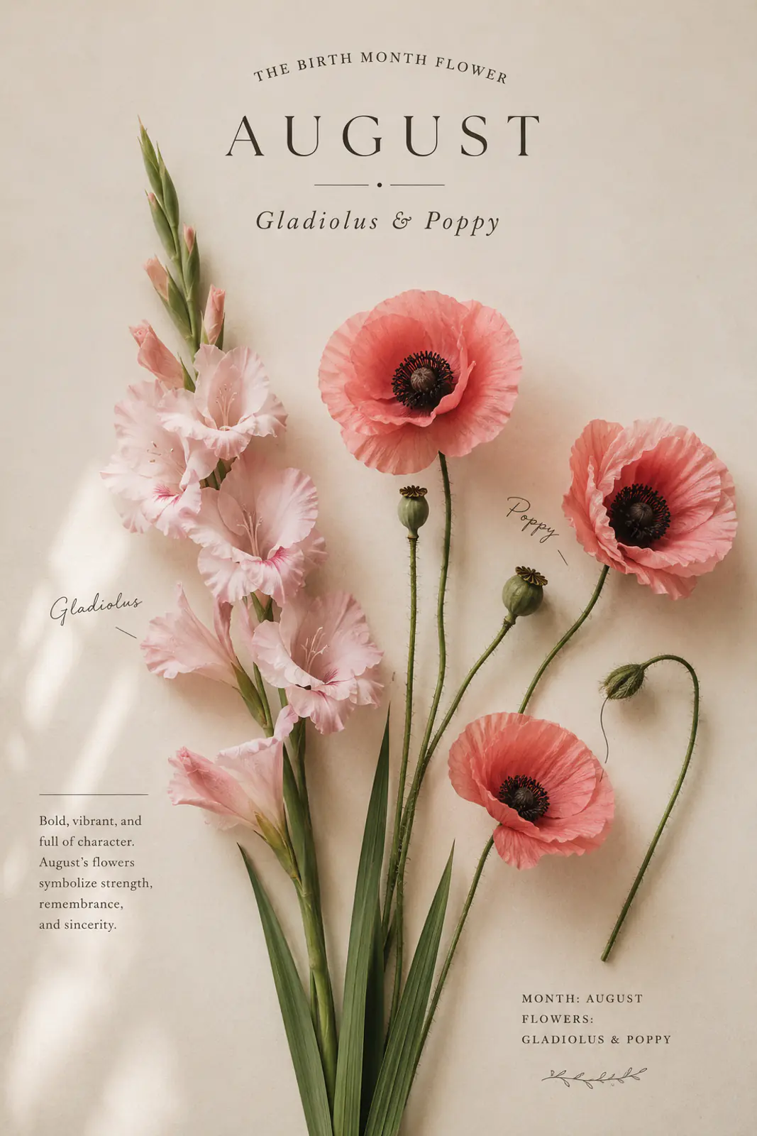 Gladiolus and poppy arranged as August birth-month flowers