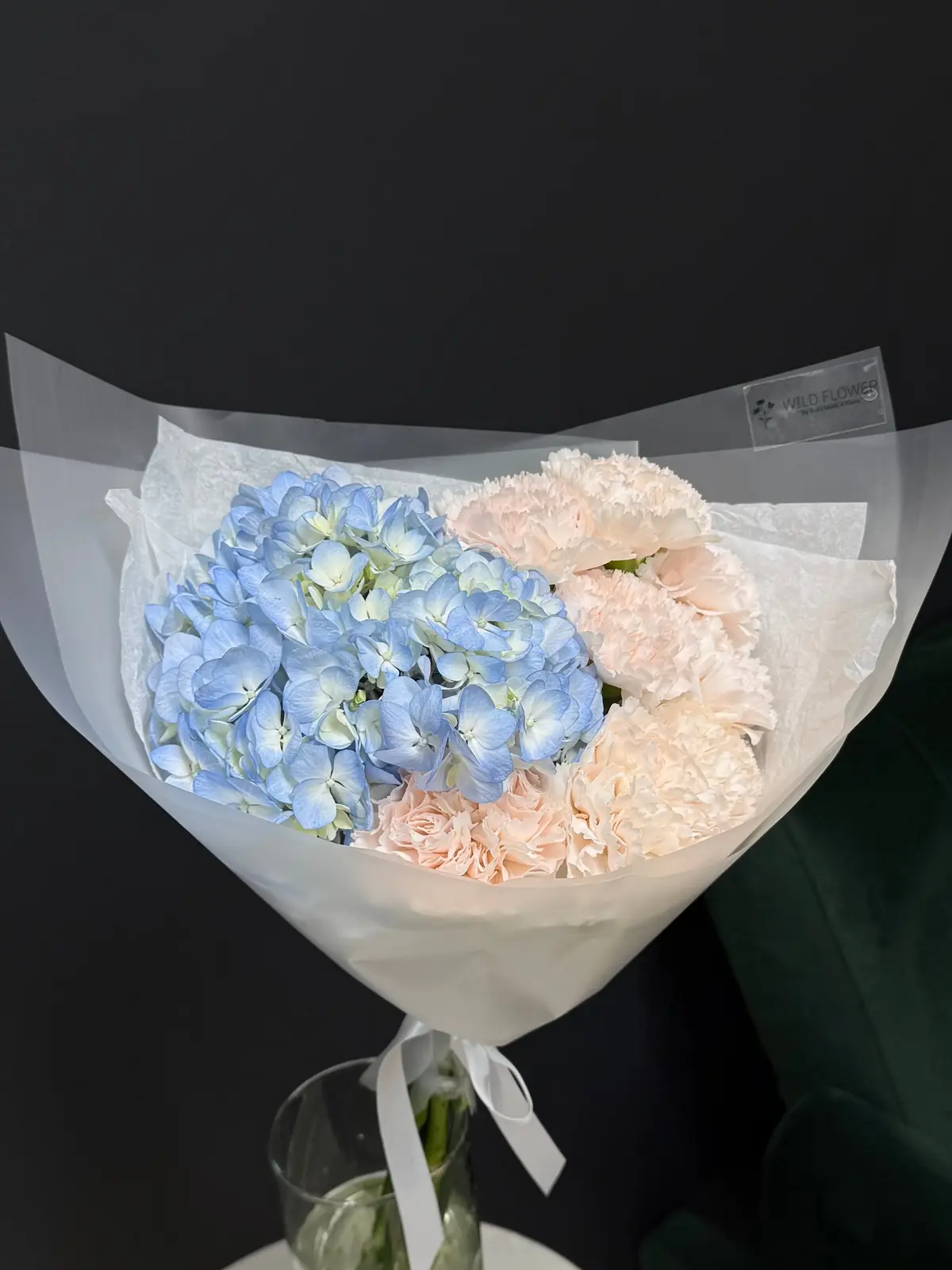 Blue Meadow Bouquet, Hydrangeas, Carnations bouquet detail 1 by Wildflower in Boston