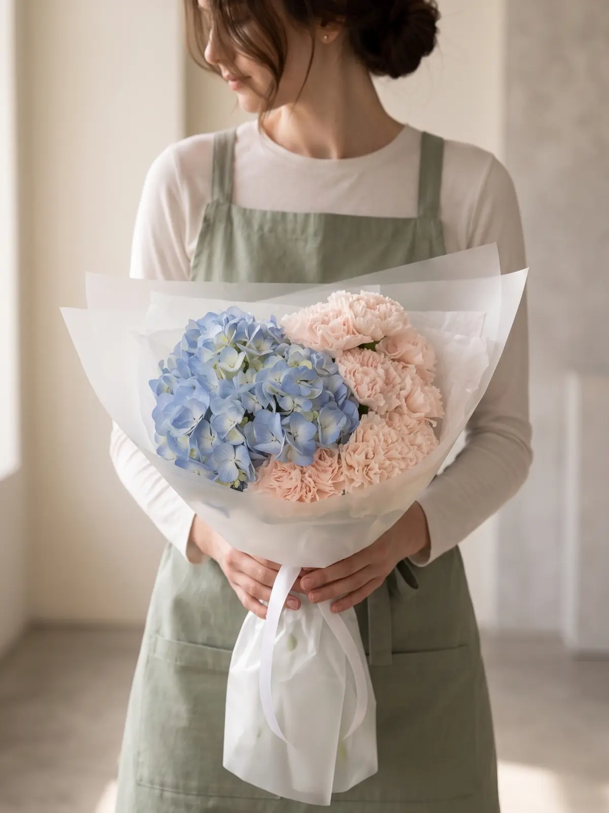 Blue Meadow Bouquet, Hydrangeas, Carnations bouquet detail 2 by Wildflower in Boston