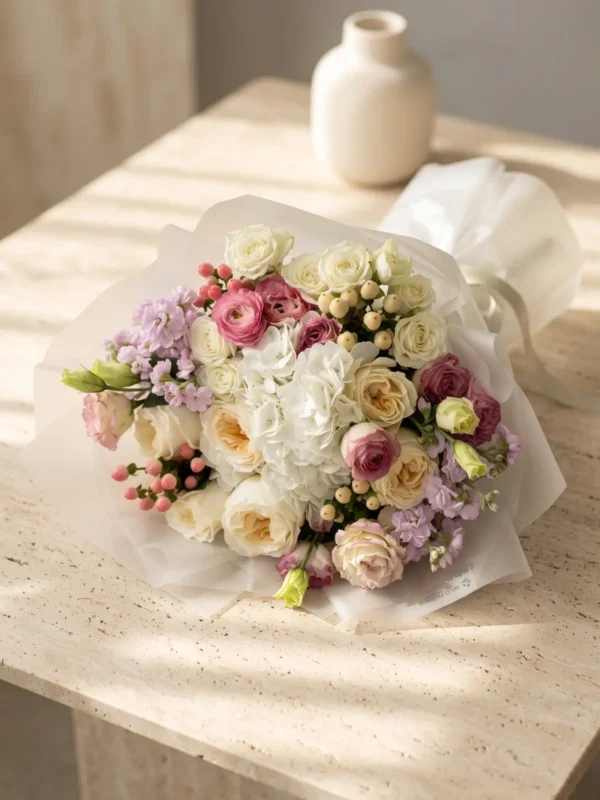 Blush Cloud Bouquet, Hydrangeas, Roses, Spray Roses bouquet by Wildflower in Boston