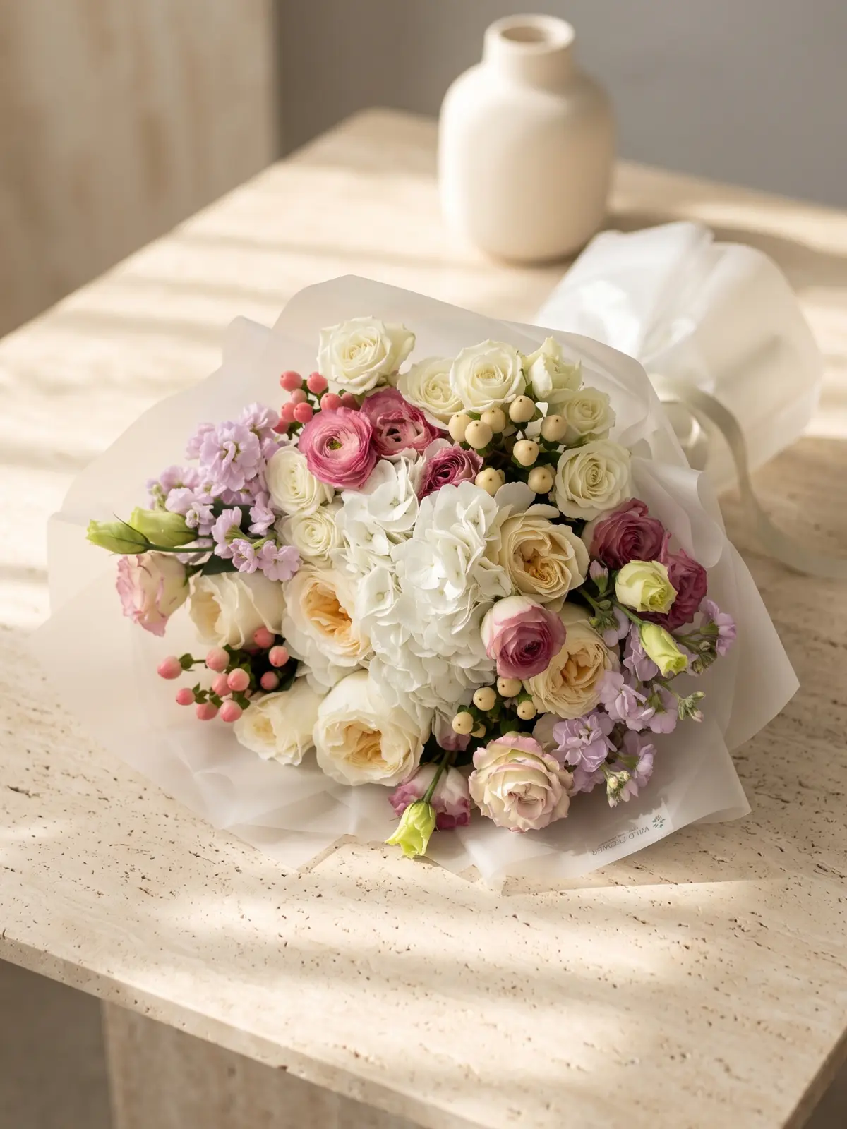 Blush Cloud Bouquet, Hydrangeas, Roses, Spray Roses bouquet by Wildflower in Boston