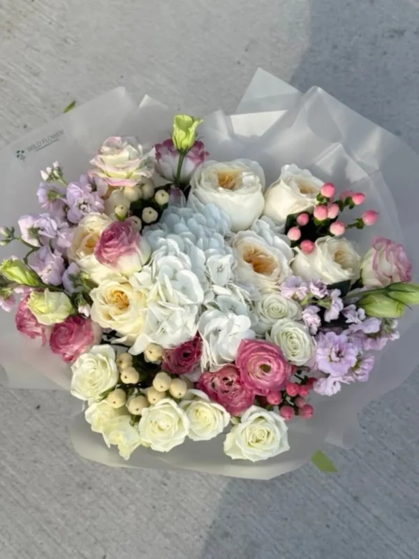 Blush Cloud Bouquet, Hydrangeas, Roses, Spray Roses bouquet detail 1 by Wildflower in Boston