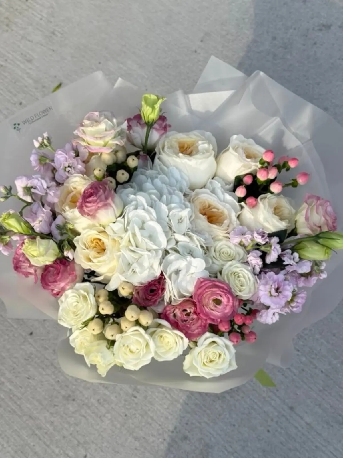 Blush Cloud Bouquet, Hydrangeas, Roses, Spray Roses bouquet detail 1 by Wildflower in Boston