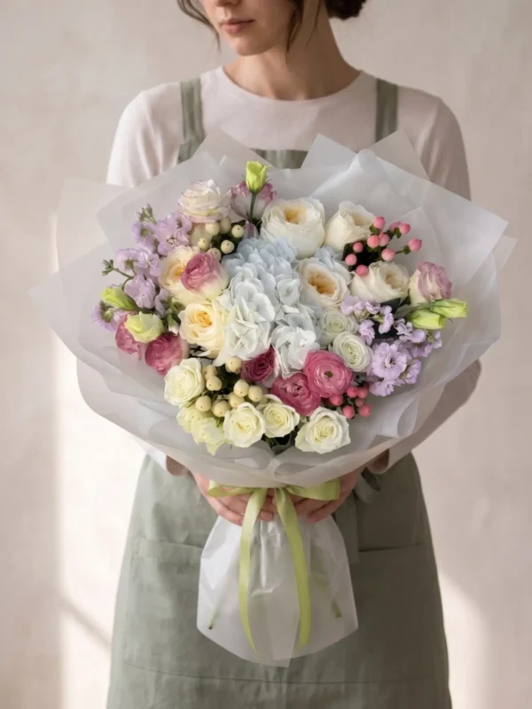 Blush Cloud Bouquet, Hydrangeas, Roses, Spray Roses bouquet detail 2 by Wildflower in Boston
