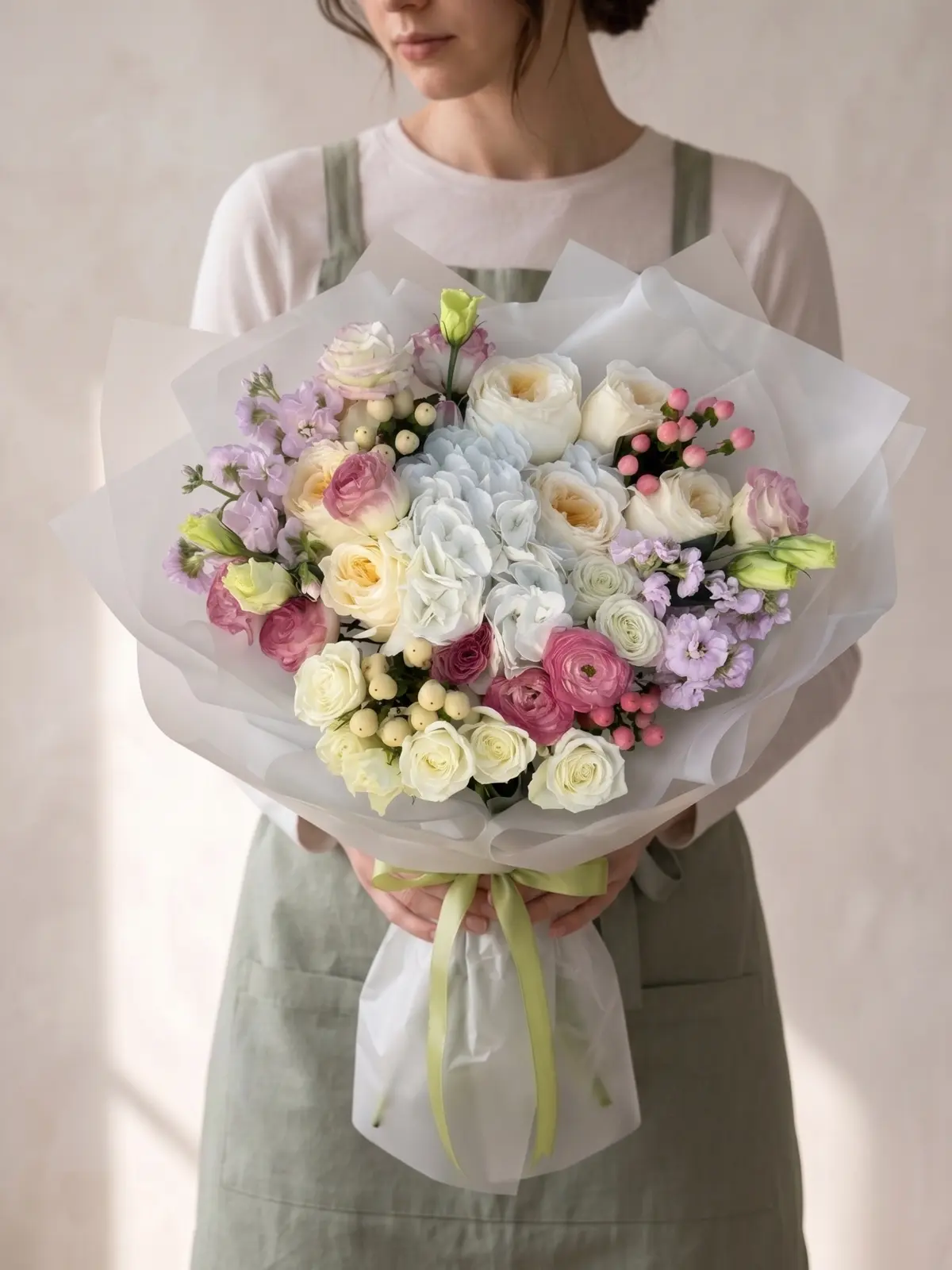Blush Cloud Bouquet, Hydrangeas, Roses, Spray Roses bouquet detail 2 by Wildflower in Boston