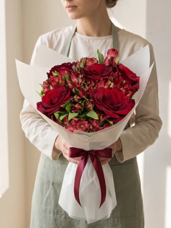 Burgundy Charm Bouquet, Roses, Alstroemeria bouquet detail 2 by Wildflower in Boston