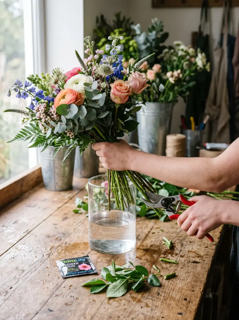 A florist arranging a colorful bouquet beside a water-filled vase at a flower studio worktable