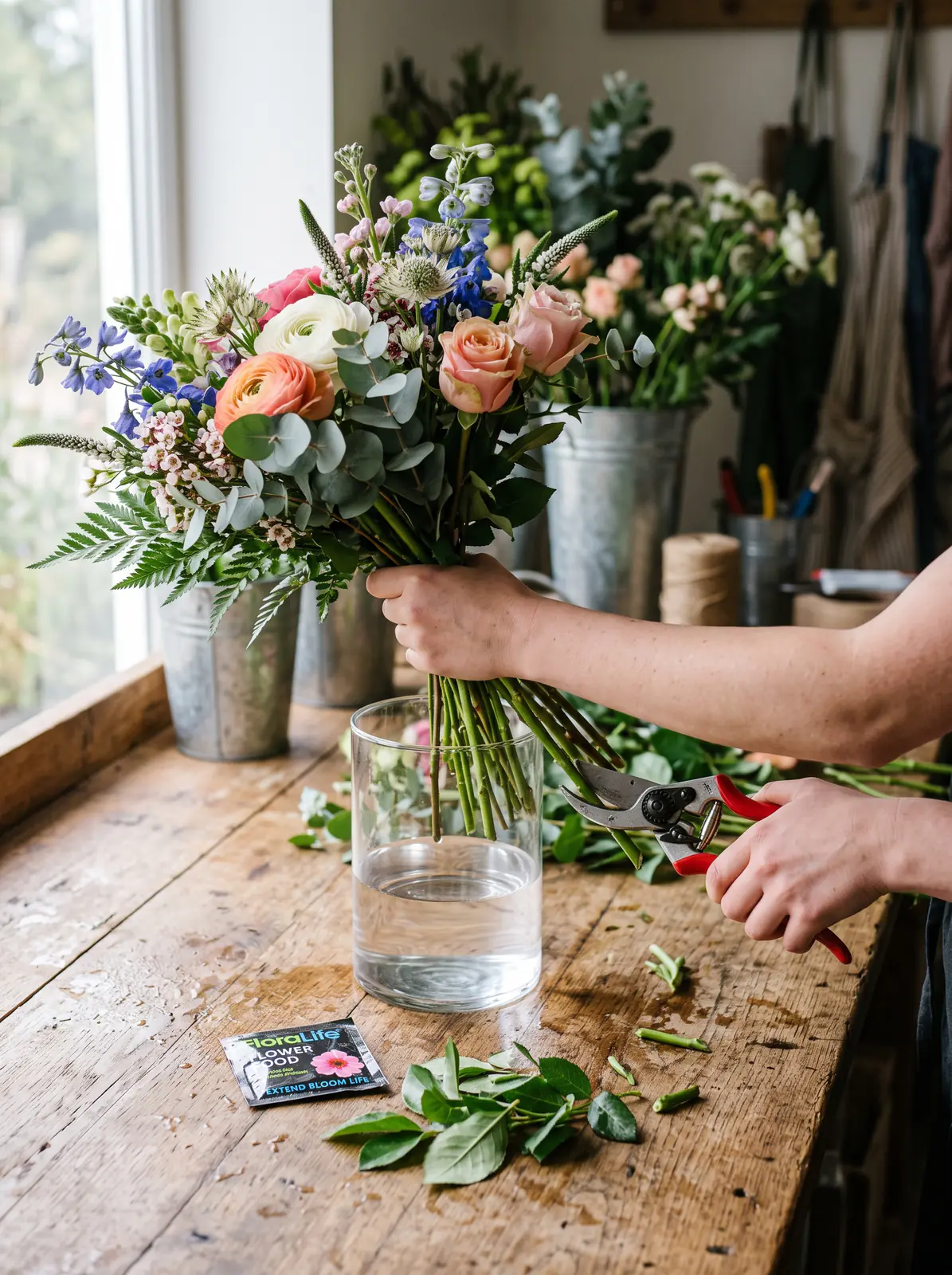 A florist arranging a colorful bouquet beside a water-filled vase at a flower studio worktable