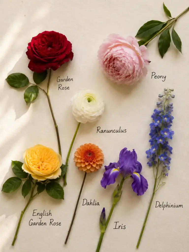 Red rose, pink peony, ranunculus, yellow garden rose, dahlia, delphinium, and iris arranged for a flower color guide