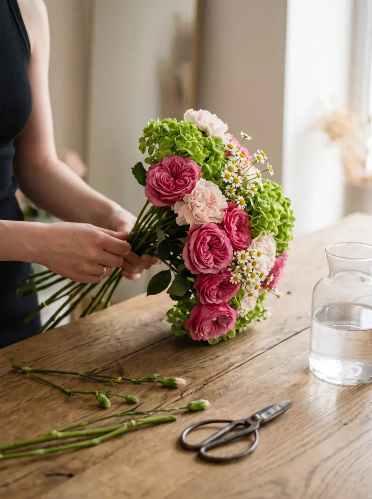 A florist assembling pink roses and green hydrangeas at a flower studio worktable