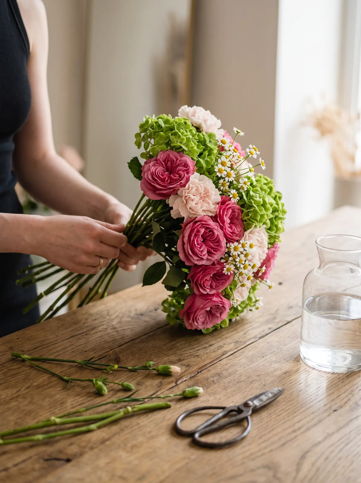 A florist assembling pink roses and green hydrangeas at a flower studio worktable