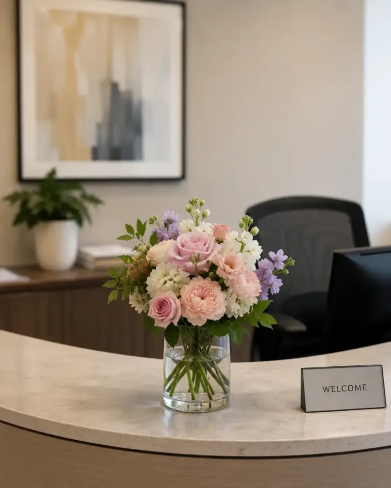 A pastel flower arrangement in a glass vase on a Boston office reception desk