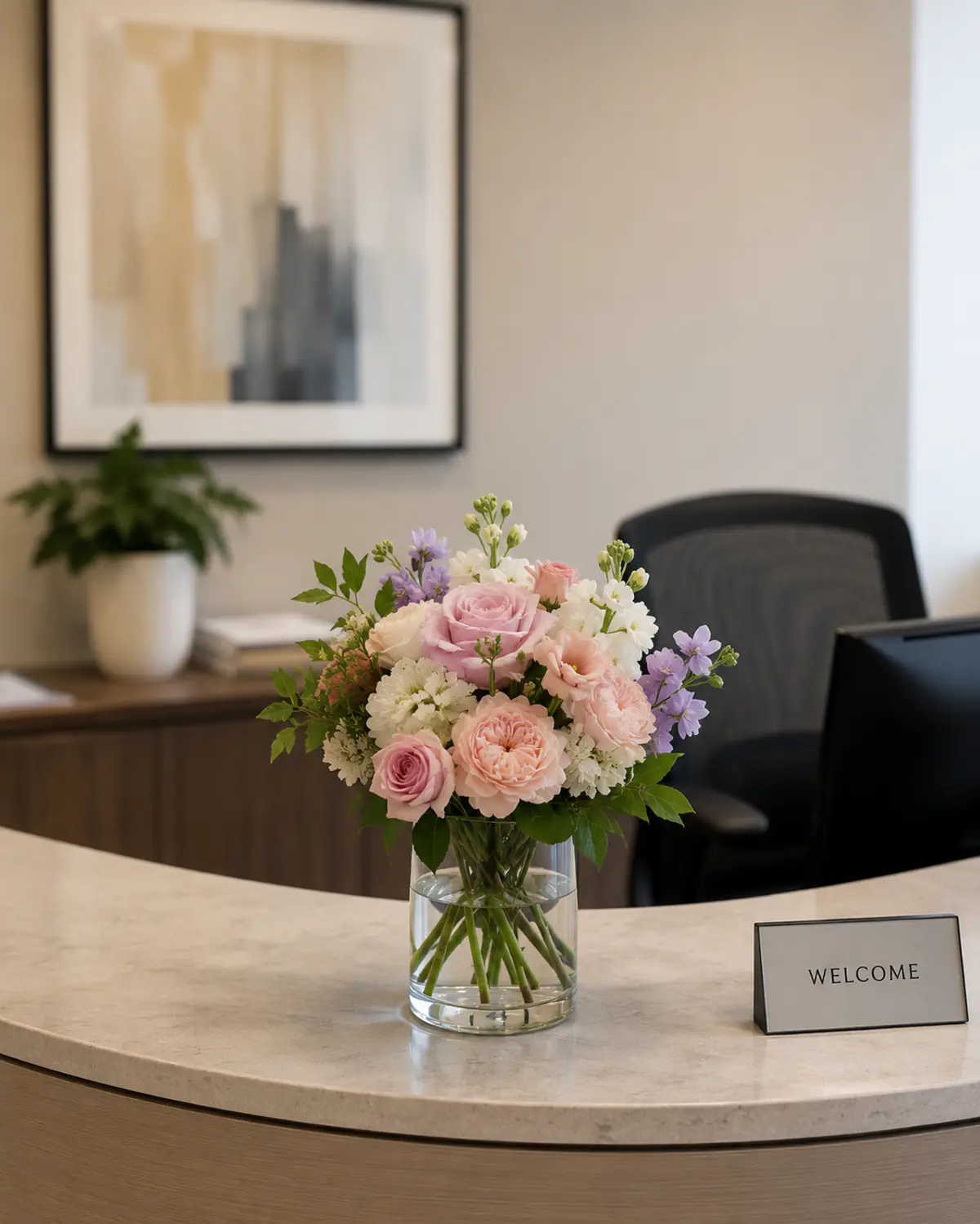 A pastel flower arrangement in a glass vase on a Boston office reception desk