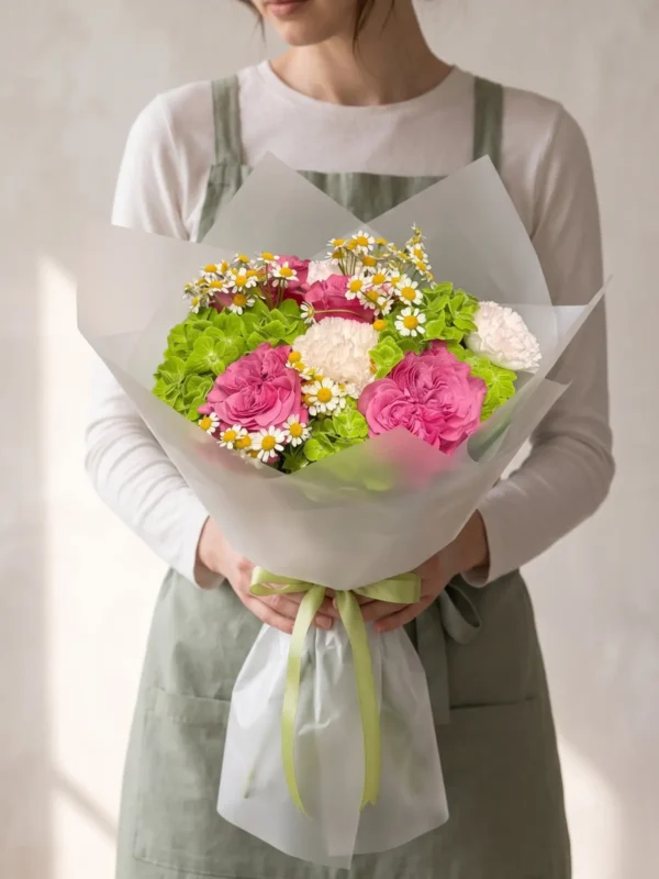 Garden Picnic Bouquet, Hydrangeas, Garden Roses, Carnations bouquet detail 2 by Wildflower in Boston