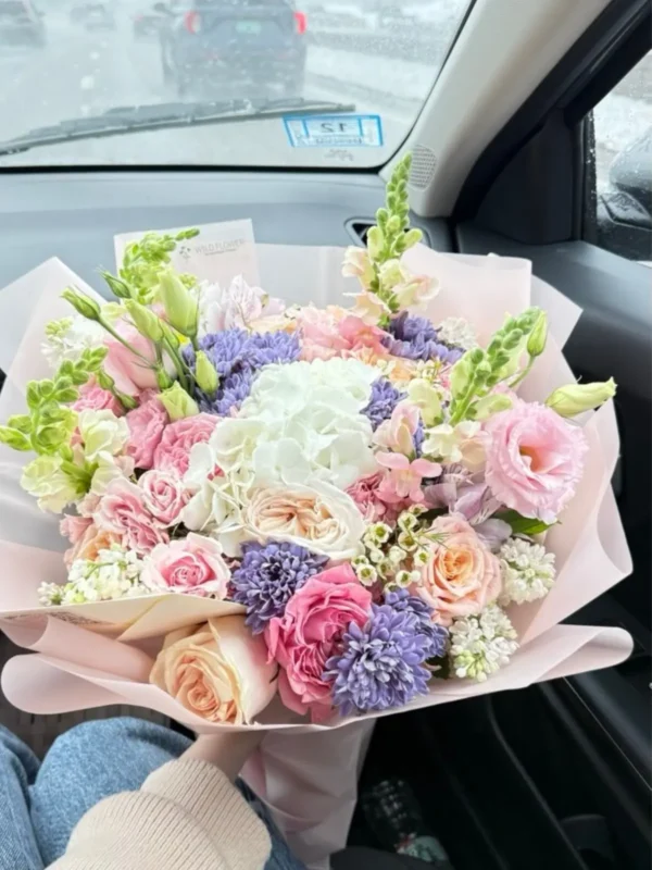 Lavender Morning Bouquet, Hydrangeas, Roses, Chrysanthemums bouquet detail 1 by Wildflower in Boston