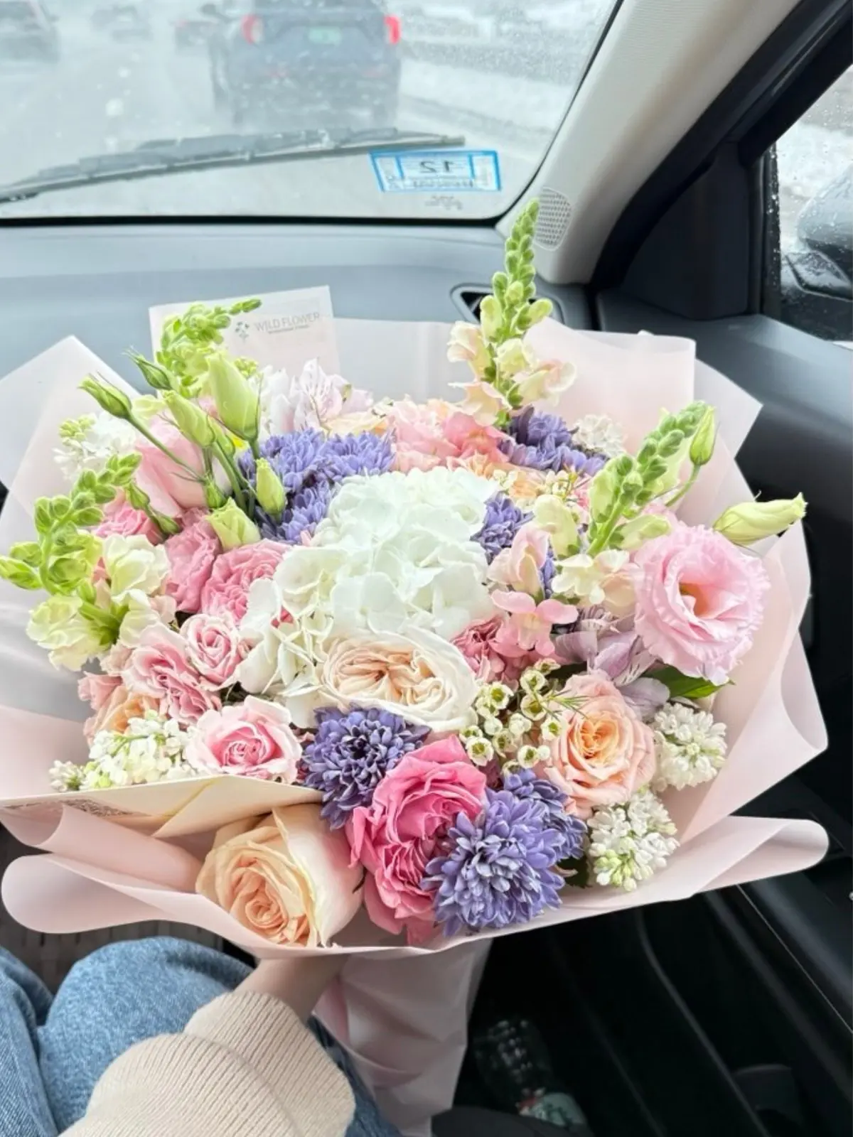 Lavender Morning Bouquet, Hydrangeas, Roses, Chrysanthemums bouquet detail 1 by Wildflower in Boston