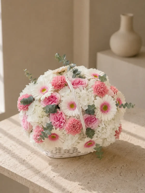 Pink Garden Basket, Hydrangeas, Roses, Gerbera Daisies bouquet by Wildflower in Boston