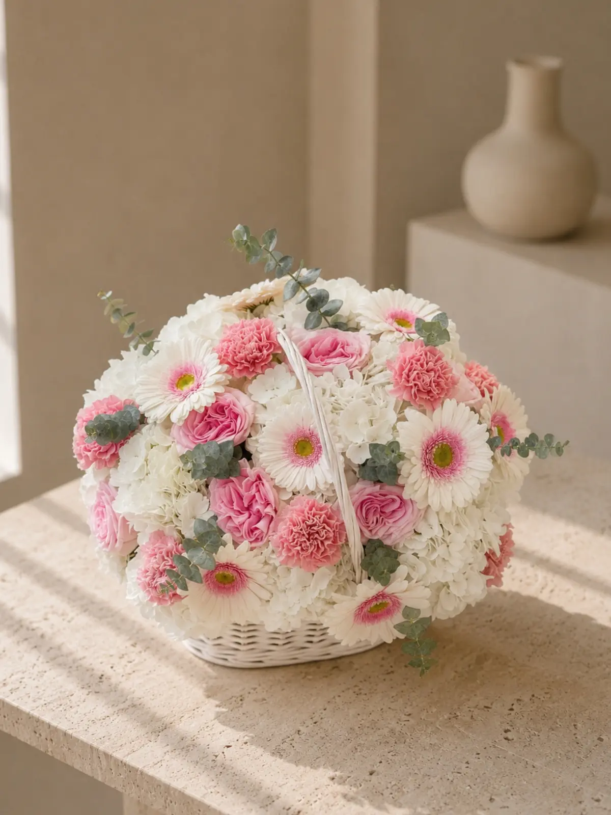 Pink Garden Basket, Hydrangeas, Roses, Gerbera Daisies bouquet by Wildflower in Boston