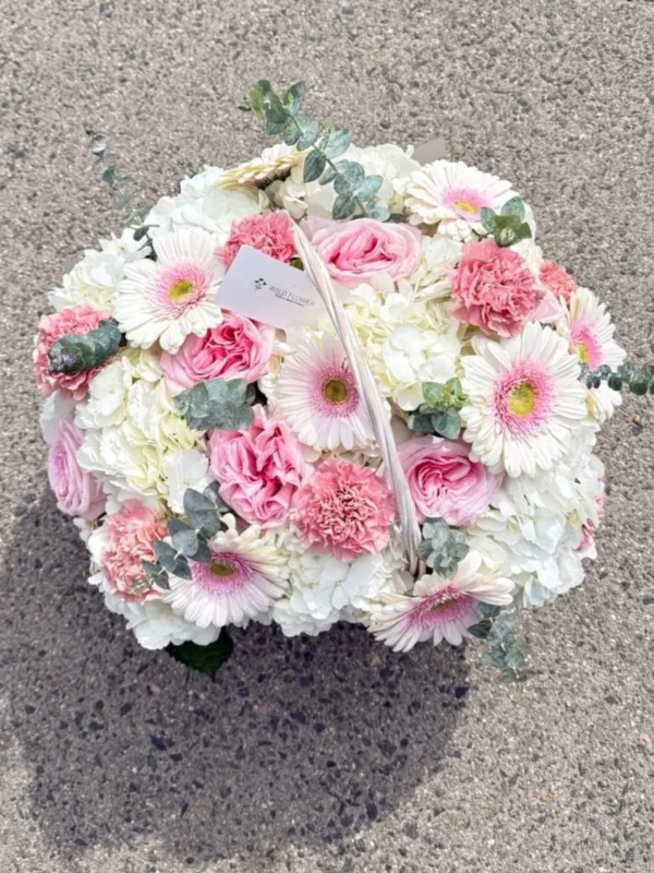 Pink Garden Basket, Hydrangeas, Roses, Gerbera Daisies bouquet detail 1 by Wildflower in Boston