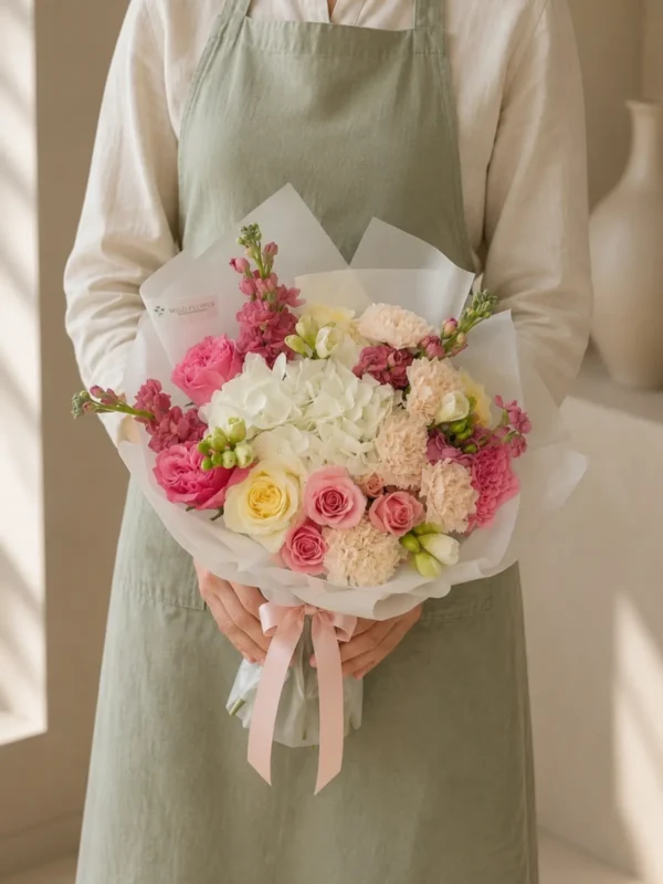 Rosewater Grove Bouquet, Hydrangeas, Roses, Carnations bouquet detail 2 by Wildflower in Boston