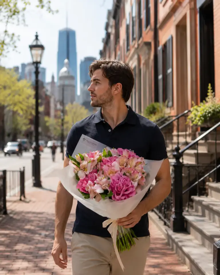 A Wildflower courier carrying a pink bouquet along a Boston brownstone street