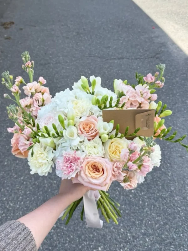 Soft Morning Bouquet, Hydrangeas, Roses, Spray Roses bouquet detail 1 by Wildflower in Boston
