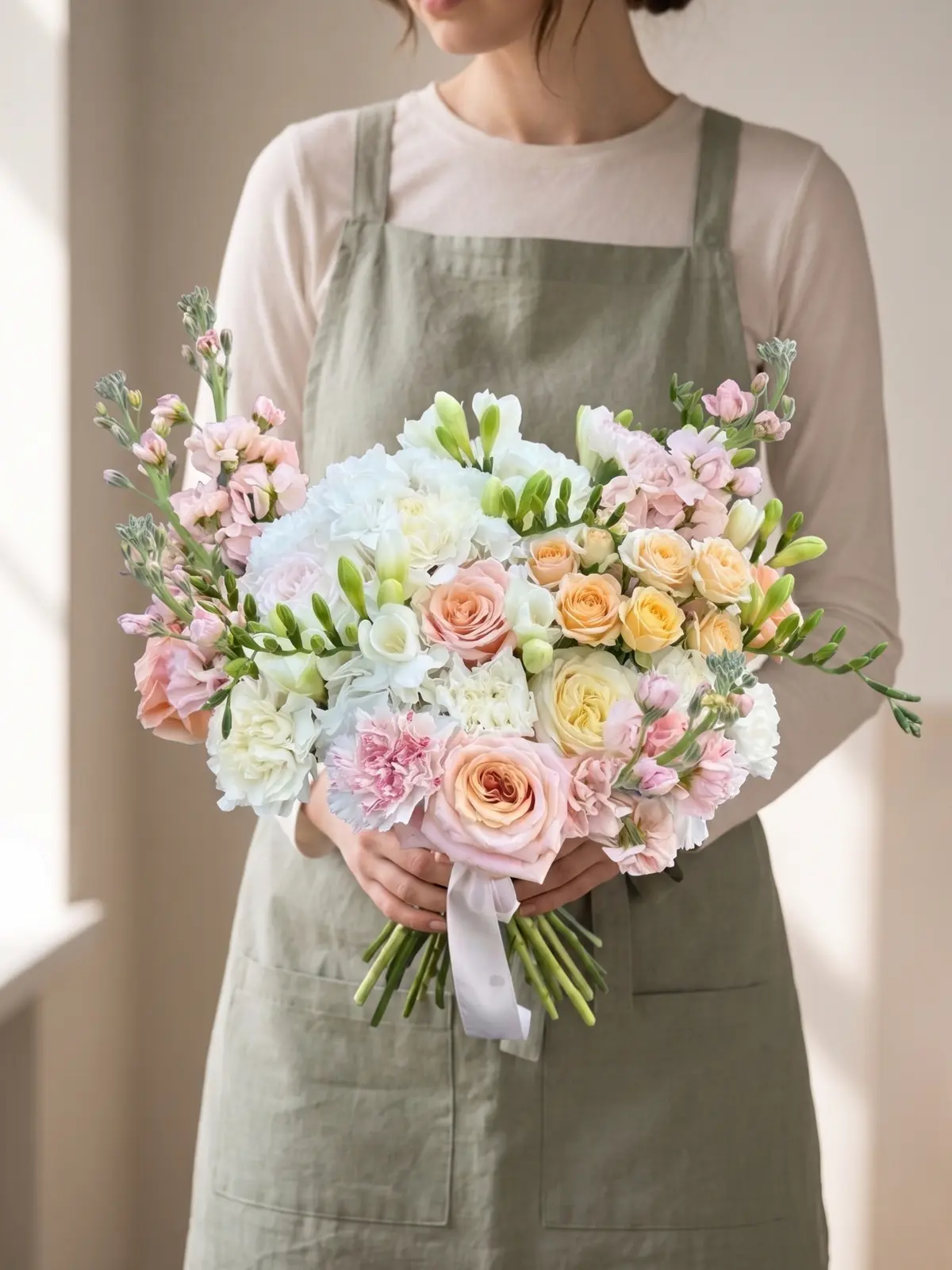 Soft Morning Bouquet, Hydrangeas, Roses, Spray Roses bouquet detail 2 by Wildflower in Boston