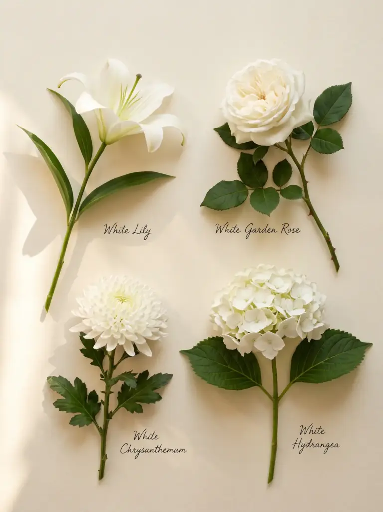 White lily, garden rose, chrysanthemum, and hydrangea arranged as a botanical sympathy flower guide