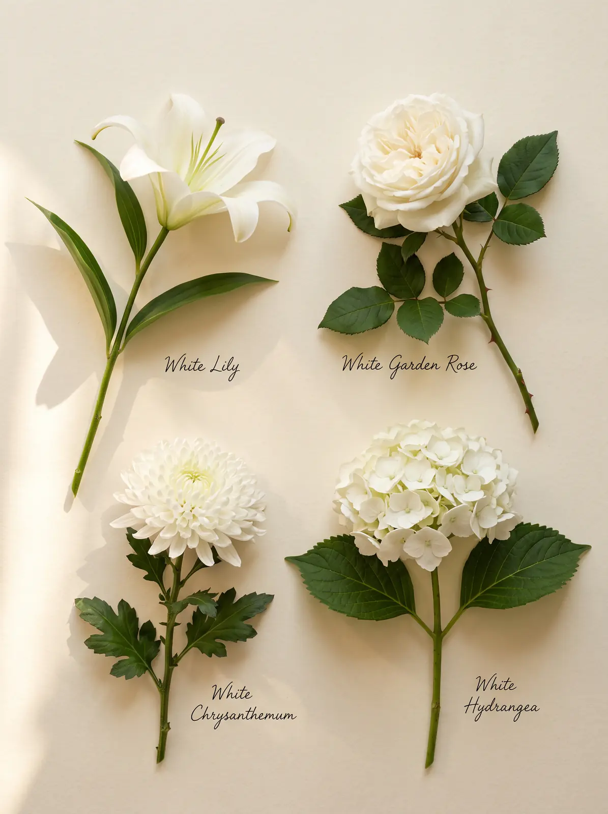 White lily, garden rose, chrysanthemum, and hydrangea arranged as a botanical sympathy flower guide
