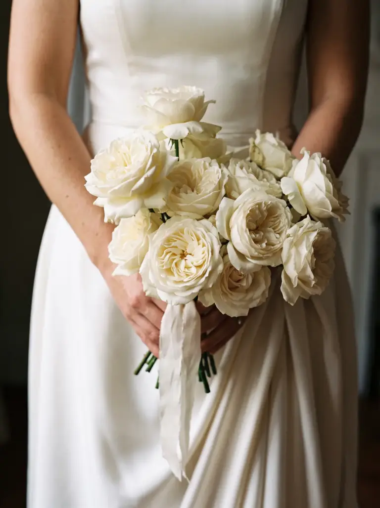A bride holding a hand-tied bouquet of white garden roses