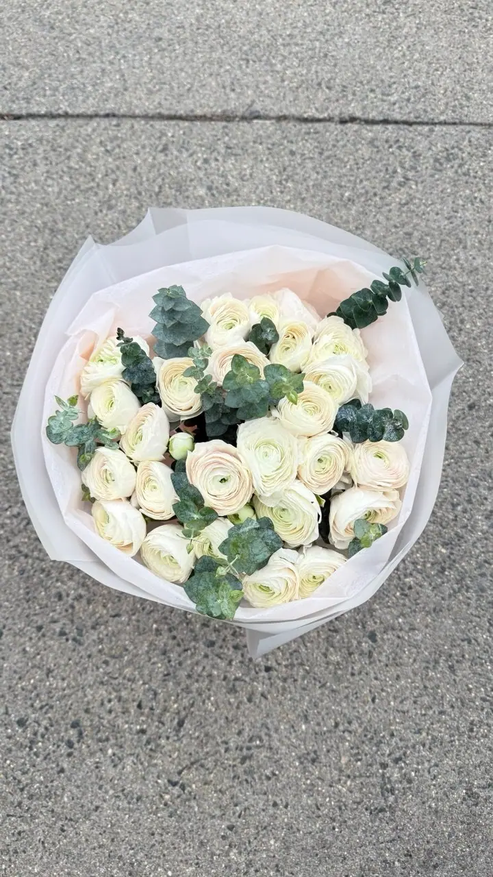 White rose bouquet with eucalyptus by Wildflower Boston