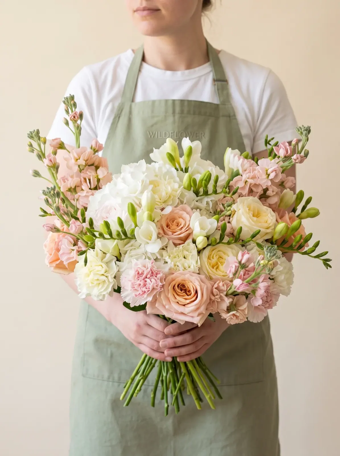 Wildflower florist holding a seasonal hand-tied bouquet