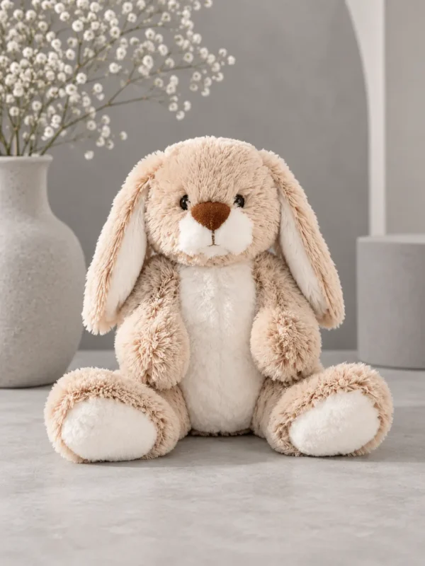 Beige plush bunny with floppy ears, 9 inches tall, sitting on a light table next to a vase of baby's breath