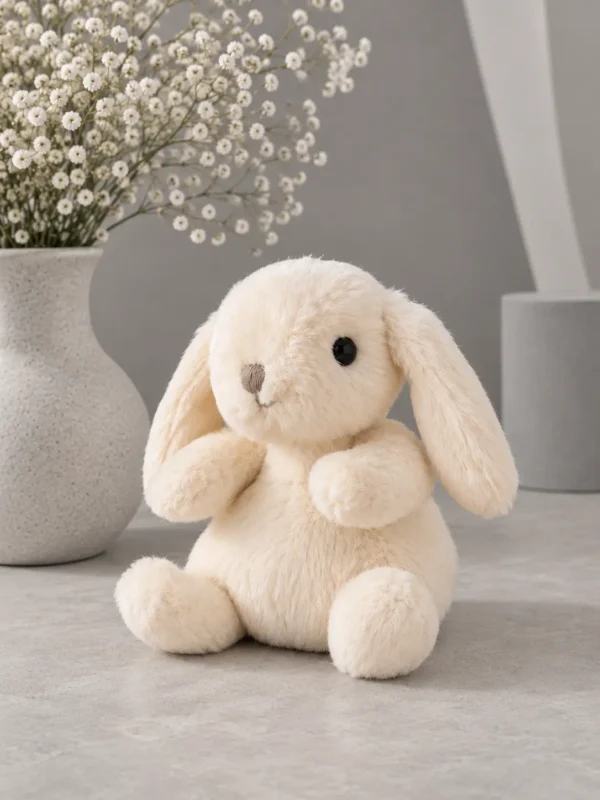 Cream plush bunny with floppy ears, 6 inches tall, sitting on a light table next to a vase of baby's breath