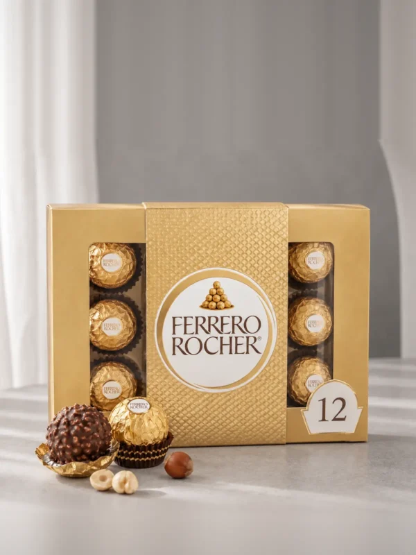 Ferrero Rocher gift box with 12 chocolates and hazelnuts on a light table