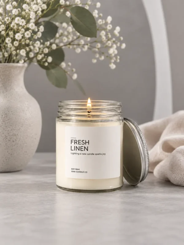 Fresh Linen soy candle in a clear glass jar, lit, with its lid beside it on a light table